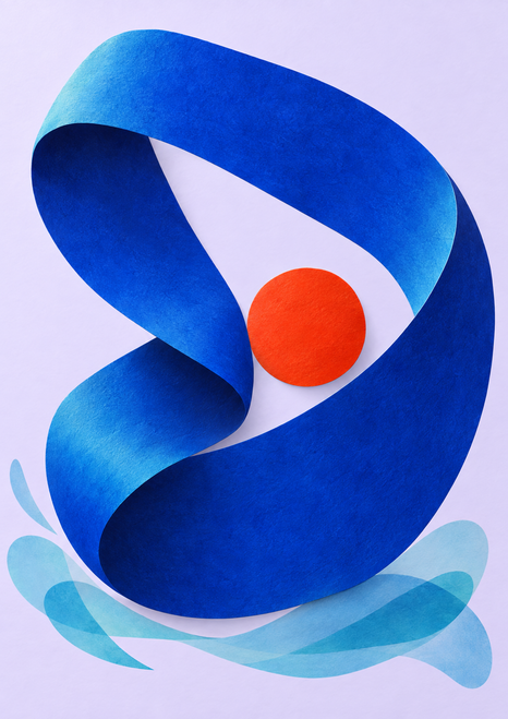 Large cobalt ribbon-like loop twists around a vermilion disk, with translucent aqua forms on pale lilac.