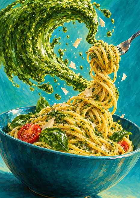 Golden noodles spiral above a large turquoise bowl as a green pesto-like cascade curls overhead, with basil, tomato, and pale cheese flakes.