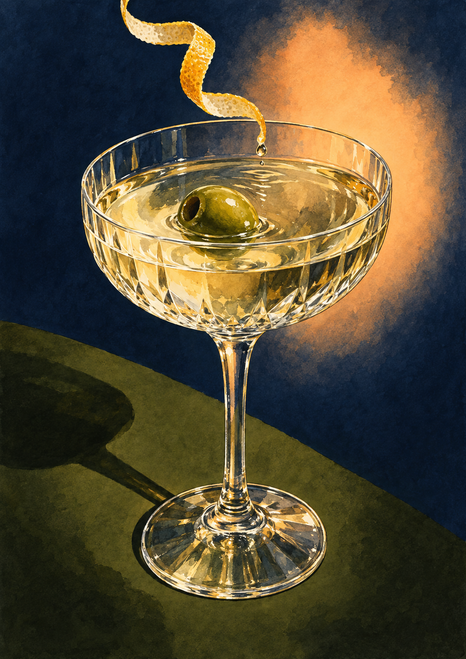 Faceted coupe with a golden drink, floating green olive, curling citrus peel, and warm orange glow against navy.