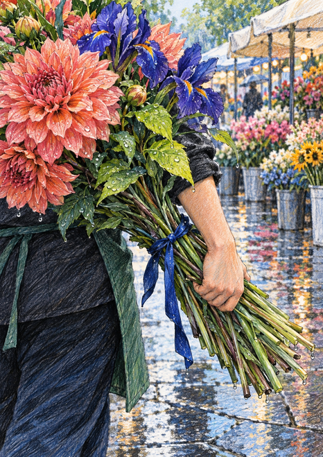 A cropped flower-market carrier holds a large coral, indigo and green bouquet tied with a cobalt ribbon above wet pavement.