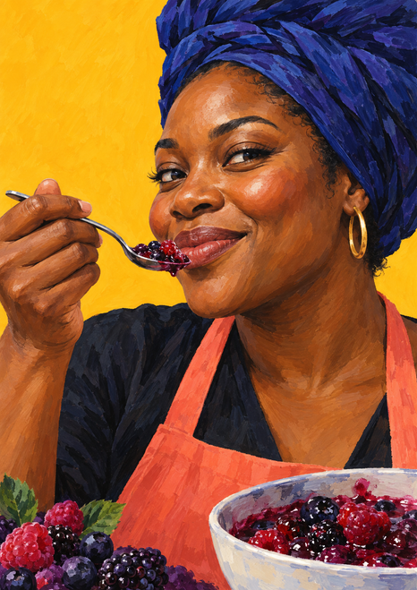 Joyful adult woman chef in an indigo headwrap tasting berries from a spoon against a marigold-yellow background.