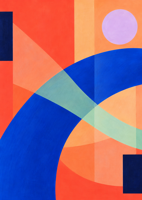 Broad cobalt arc crossing coral, apricot, and pale-mint geometric planes, with a lilac circle and two navy rectangles.