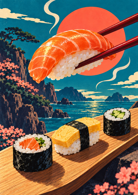 Salmon nigiri held in chopsticks above a wooden board with salmon maki, tamago nigiri and cucumber maki, against a coastal backdrop.