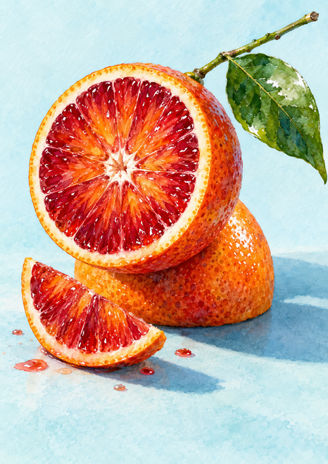 Watercolor-style blood-orange halves, a wedge, and leafy twig on a pale aqua ground.