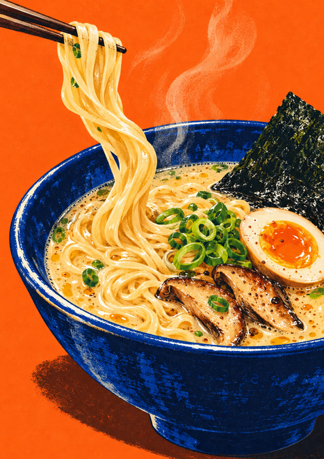 A cobalt-blue bowl of creamy ramen with lifted noodles and chopsticks, topped with scallions, egg, nori, and mushrooms on orange.