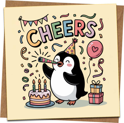 Penguin Birthday Card – Cheers Cartoon – Cute Party Penguin with Cake, Confetti & Balloon – 145mm x 145mm Square Greeting Card with Kraft Envelope – Fun for Kids, Friends & Family