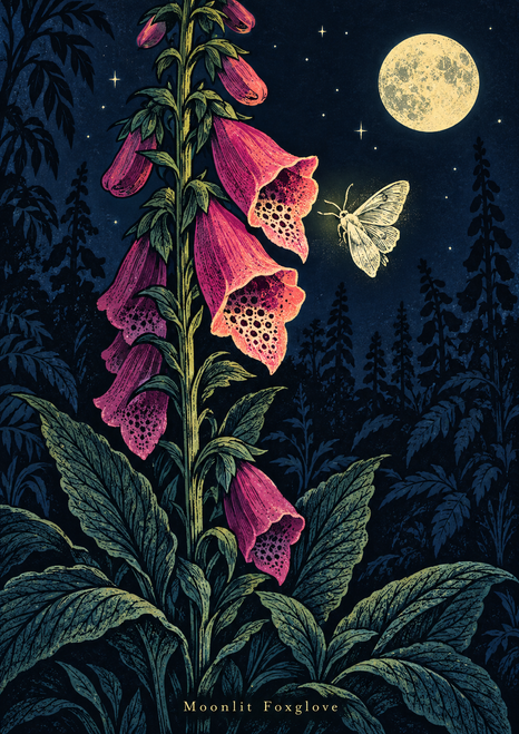 Pink foxglove bells rise above broad leaves beside a pale hovering moth, with a full moon and dark trees in the background.