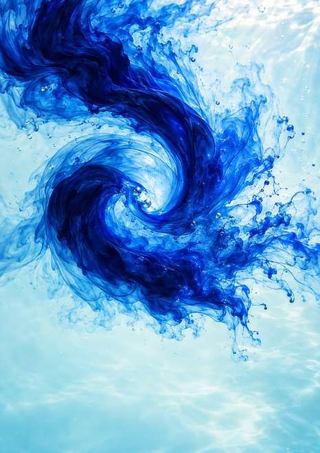 A deep-blue pigment cloud curls around a pale opening and branches into wisps and bubbles against a pale aqua field.