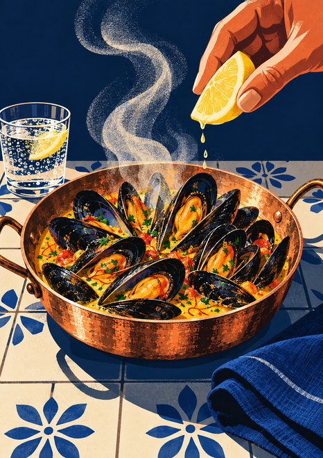 Steaming copper pan of mussels and herbs with a hand squeezing a lemon wedge above it, beside a glass and blue napkin on patterned tiles.