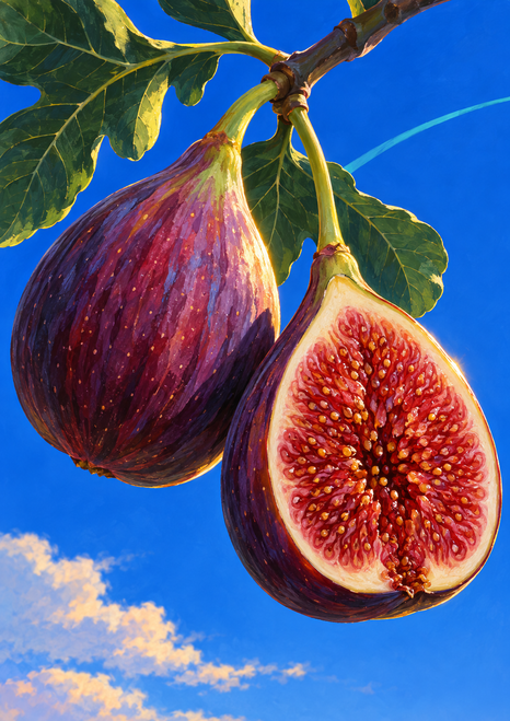 A whole purple fig and a halved fig with a dense red seeded interior hang from a leafy branch against a vivid blue sky.