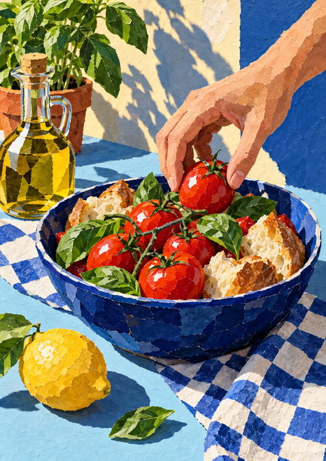 A hand reaches toward a tomato in a blue bowl filled with red tomatoes, basil and torn bread, surrounded by a checked towel, lemon, oil bottle and plant.