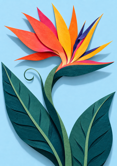 Stylized coral, pink, orange, and yellow bird-of-paradise bloom with sweeping teal leaves on a pale-blue background.