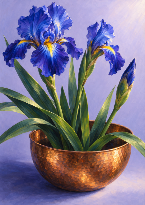 Three blue-purple iris stems with two open blooms and a closed bud rise from a hammered copper bowl against pale lilac.