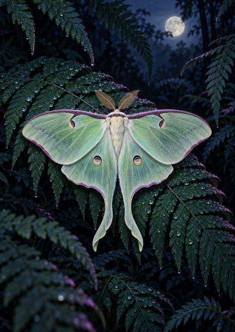 Pale mint luna moth with open wings among dark, dew-covered fern leaves, with a full moon in the background.