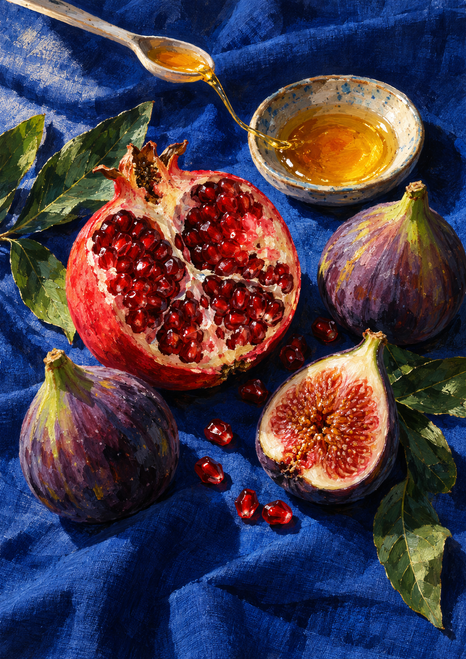 Overhead-style still life of a halved pomegranate, whole and split figs, honey dish and spoon, green leaves, and loose seeds on blue cloth.