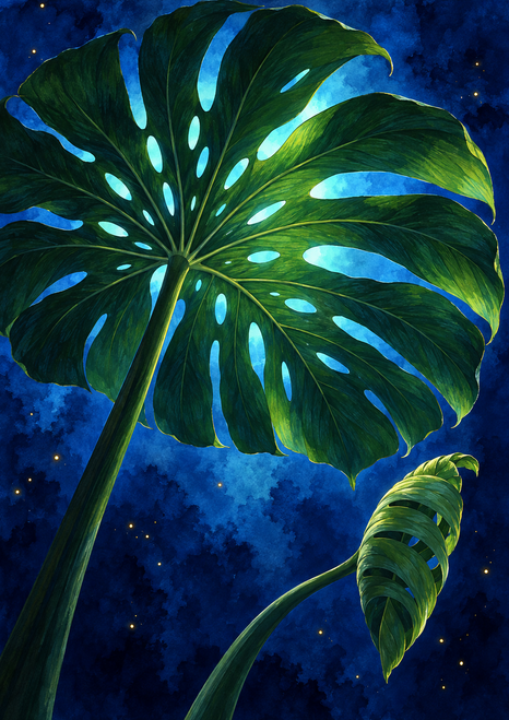Large split-leaf monstera with turquoise-lit edges and a smaller unfurling leaf against a textured blue background with gold flecks.