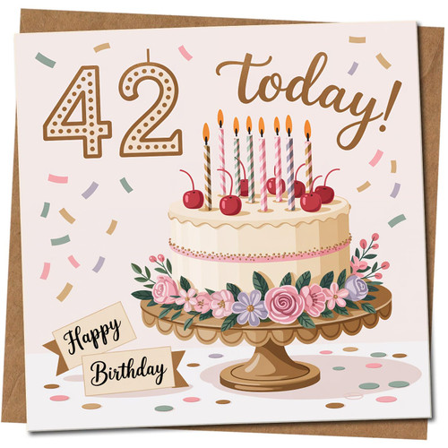 42nd Birthday Card, 145mm x 145mm - 42 Today Cake, Candles and Confetti Design - Square Greeting Card, Includes Kraft Envelope
