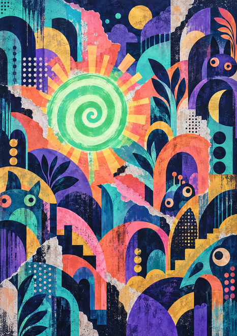 Mint spiral sun with coral and yellow rays amid a dense, colorful abstract mural of arches, dots, and small face-like motifs.