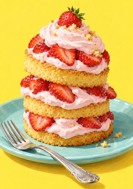 Tall strawberry shortcake with pink cream and strawberry slices on a pale aqua plate, with a fork and crumbs against a yellow background.