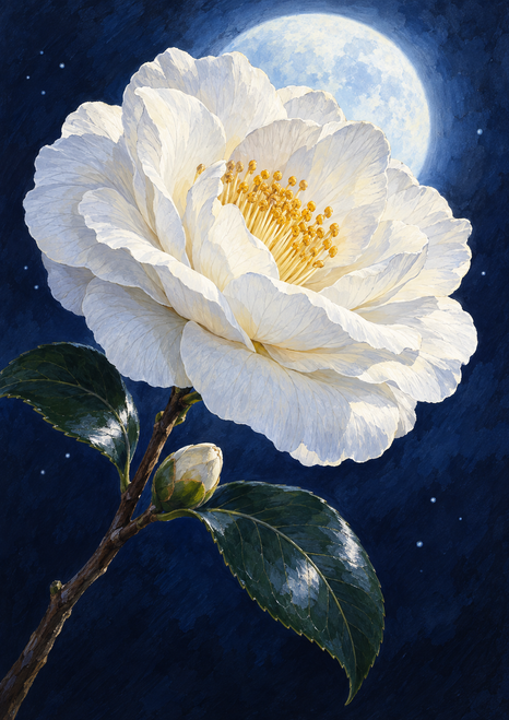 Large white layered camellia-like flower with golden stamens, leaves, and an unopened bud in front of a full moon on indigo.