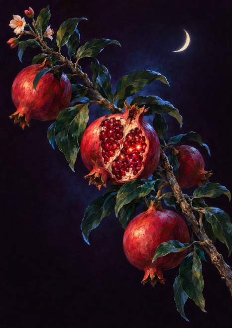 Split pomegranate with glossy red seeds on a diagonal branch among whole fruits, dark leaves, and pale blossoms beneath a crescent moon.