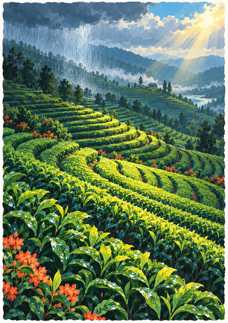 Curving green tea terraces on a hillside beneath rain at left and sunlight at upper right, with a small blue-roofed shelter and orange-red flowers.