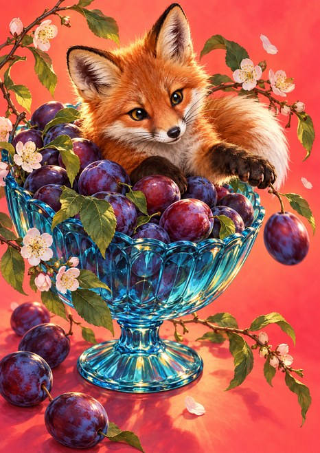 Red-orange fox above purple plums in a blue glass pedestal bowl, surrounded by blossom branches against a coral background.