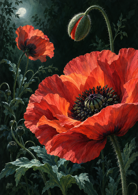 Large coral-red poppy with a dark seed crown, an unopened bud above it, and a smaller flower among deep green moonlit foliage.