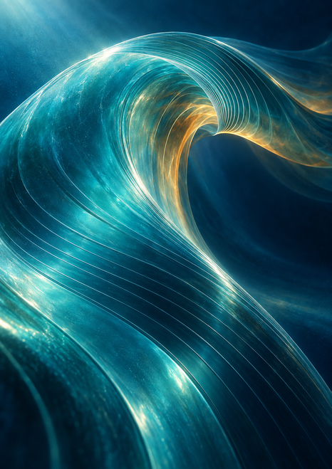 Luminous turquoise and teal wave-like fold with fine parallel lines and an amber-lit opening against a deep navy background.