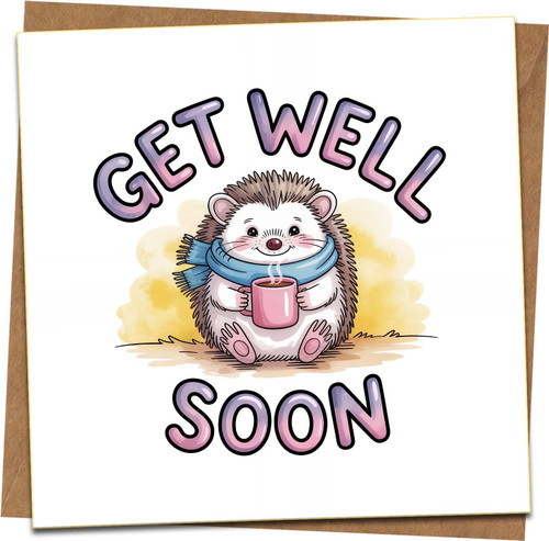 Get Well Soon Card – Cute Hedgehog with Mug – 145mm x 145mm Square Greeting Card with Kraft Envelope – Feel Better, Recovery, Thinking of You