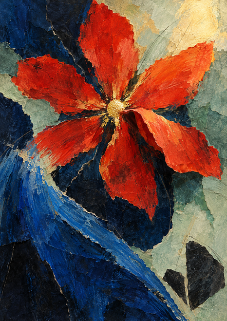 Large red-orange stylized flower with a small gold-colored center above a sweeping cobalt band and layered blue, jade, and charcoal shapes.