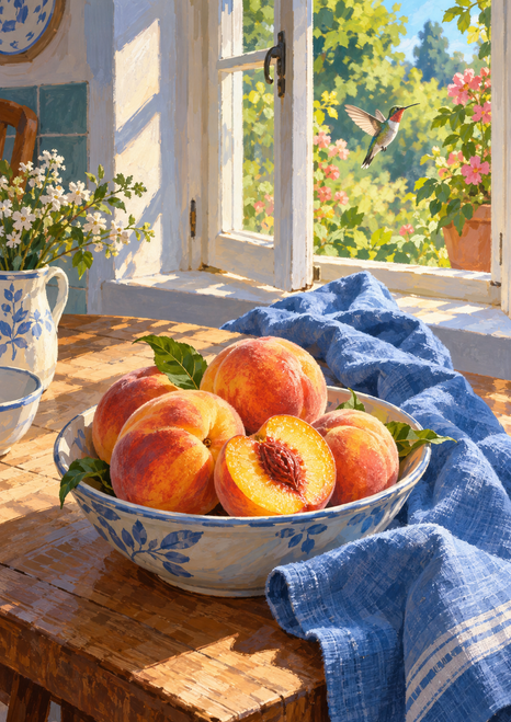 Sunlit bowl of peaches with a cut peach and blue cloth beside an open window; a hummingbird hovers among garden foliage outside.