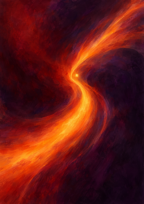 A glowing orange ribbon curves through a dark garnet and plum abstract field, with a small golden ember near the central bend.