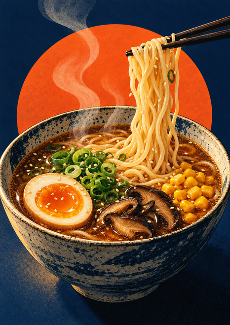 A ceramic ramen bowl with dark broth, halved egg, scallions, mushrooms, and corn, while chopsticks lift noodles beneath a pale steam ribbon and orange halo.