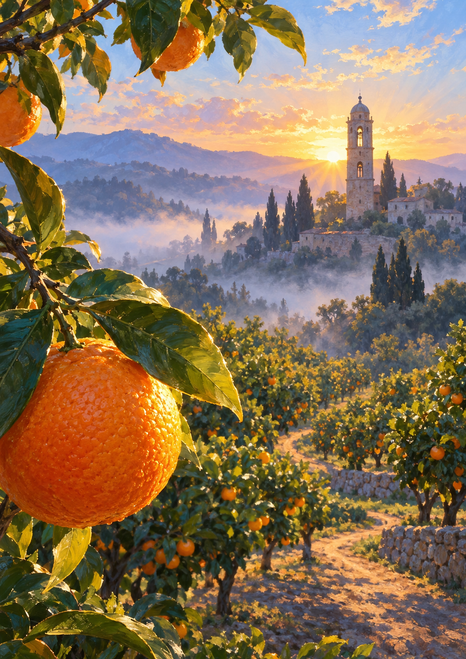 A large ripe orange with leaves sits before citrus groves climbing a misty hillside toward a stone bell tower at sunrise.