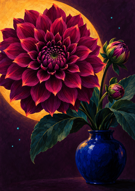 Large deep-magenta dahlia with two buds and dark green foliage above a cobalt-blue vase, against plum with a golden arc.
