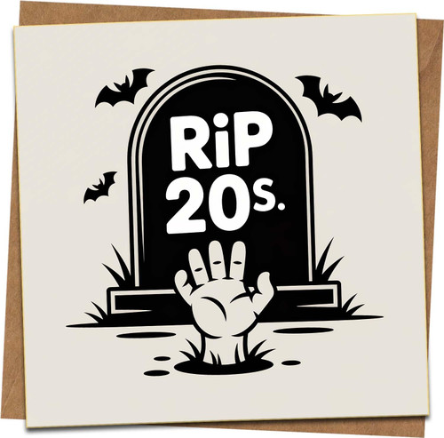 RIP 20s Funny 30th Birthday Card – Halloween Tombstone Design with Zombie Hand & Bats – 145mm x 145mm Square Greeting Card with Kraft Envelope – Humorous Card for Him or Her
