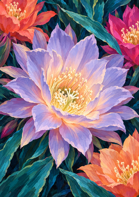 Large pale lavender flower with a bright cream-and-gold center amid dark teal leaves and cropped coral, pink, and apricot blooms.