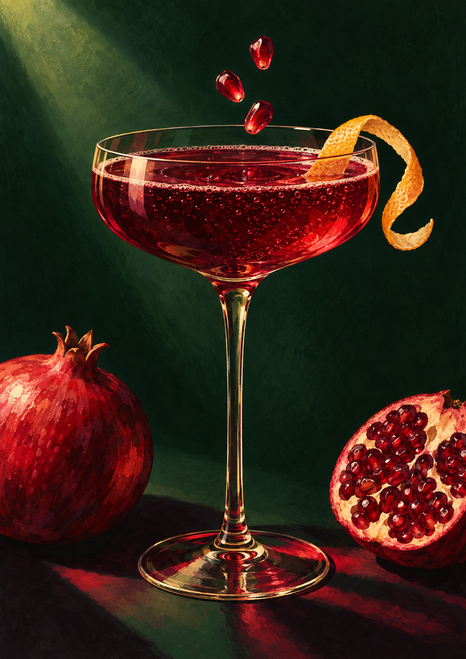 A ruby-red drink in a coupe glass with curled orange peel and three floating pomegranate seeds, flanked by whole and cut pomegranates on deep green.