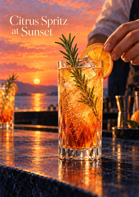 A hand garnishes a tall amber citrus spritz with an orange wheel against a sunset waterfront, with rosemary and a second glass nearby.