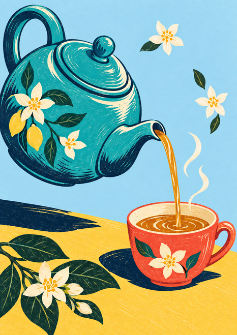 Turquoise kettle pouring golden tea into a coral-red cup, with cream steam, citrus blossoms, green leaves, lemons, and a pale-blue background.