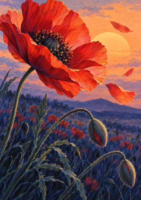 Large red-orange poppy with a dark dotted center, drifting petals, curved buds, and a sunset over a blue-violet field.