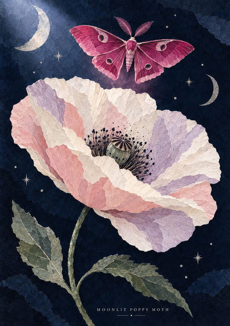 Magenta moth hovering above a large layered white and blush poppy against a midnight-blue sky with crescent moons and stars.