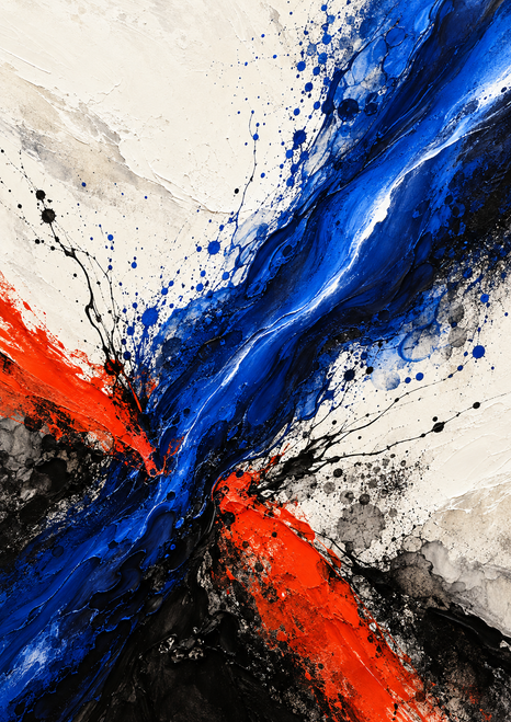 Diagonal ultramarine pigment sweep across a warm-white field, with vermilion strokes and black ink splashes.