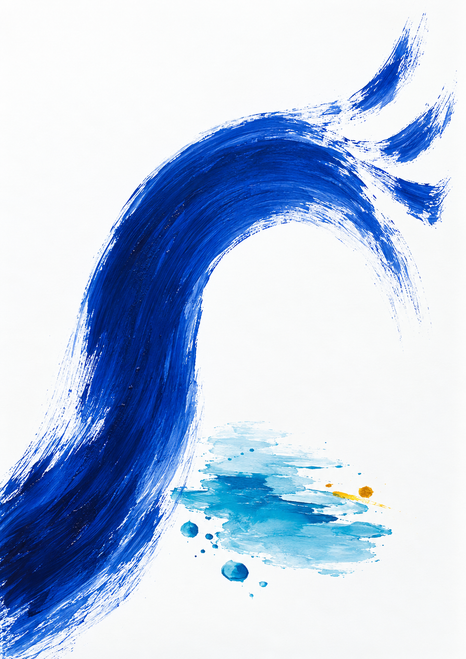 Broad cobalt-blue brushstroke arches over an aqua pigment pool and scattered droplets, with a small ochre accent on a white background.
