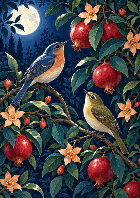 Two colorful songbirds perch among red pomegranate-like fruit, leafy branches, and peach-colored blossoms beneath a bright moon.