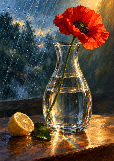 Red-orange poppy in a clear carafe with a cut lemon and green leaf, against diagonal rain and blue-green shadows.