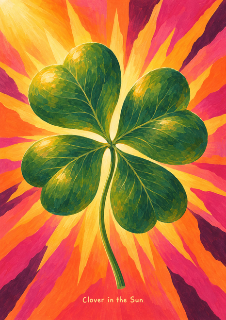 A large green four-leaf clover against radiating marigold, orange, coral, pink, and plum sunburst shapes, with “Clover in the Sun” at the bottom.