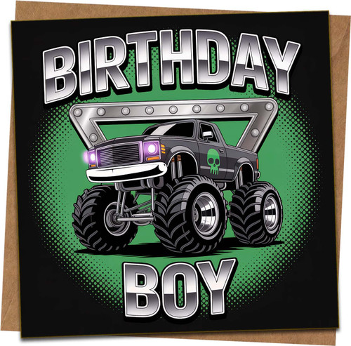 Birthday Boy Monster Truck Greeting Card – 145mm x 145mm Square Kids Birthday Card with Kraft Envelope, Green Black Truck Design for Son Grandson Nephew