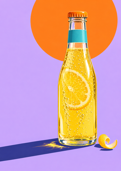 Clear bottle of golden citrus soda with a citrus slice and curled peel, in front of an orange sun on lilac with an indigo shadow.